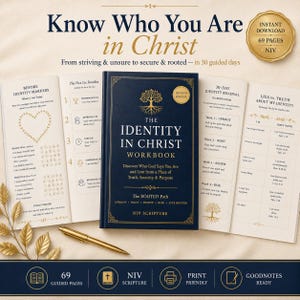 May include: A dark blue workbook titled The Identity in Christ Workbook with gold text and a tree illustration. The book is surrounded by open pages showing 30-day identity renewal content, a gold pen, and a gold seal stating 69 pages.