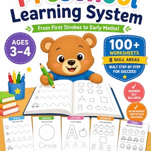 Op de afbeelding: Een educatief leersysteem voor kleuters met een cartoonbeer die in een open werkboek schrijft. De omslag toont de tekst A Complete Preschool Learning System, 100+ Worksheets, 8 Skill Areas, en bevat iconen voor overtrekken, vormen, letters, cijfers en logica.