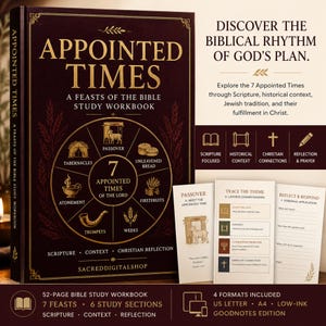 May include: A dark brown 52-page Bible study workbook titled Appointed Times: A Feasts of the Bible Study Workbook. The cover features a circular diagram of seven feasts, including Passover and Tabernacles. Includes study pages and digital format info.