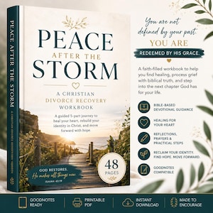May include: A 48-page Christian divorce recovery workbook titled Peace After The Storm. The cover features a wooden walkway leading to a sunset over the ocean. Text includes You are not defined by your past, You are redeemed by His grace, and Bible-based devotional guidance, healing for your heart, reflections, prayers, practical steps, reclaim your identity, find hope, move forward, and Goodnotes compatible.