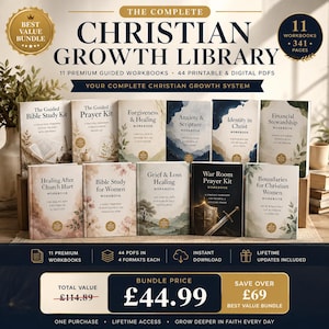 Könnte beinhalten: Eine Sammlung von 11 christlichen Arbeitsbüchern mit dem Titel The Complete Christian Growth Library, darunter Titel wie Forgiveness & Healing, Anxiety & Scripture und War Room Prayer Kit, mit insgesamt 341 Seiten und 44 druckbaren digitalen PDFs.
