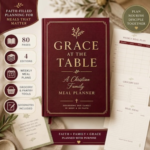 May include: A deep red hardback meal planner titled Grace at the Table with gold foil lettering and decorative accents. The set includes printed weekly meal plan sheets, grocery lists, and meal idea templates with matching gold text and graphics.