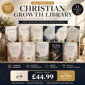 Op de afbeelding: De set The Complete Christian Growth Library bevat 11 gedrukte werkboeken met titels zoals The Guided Bible Study Kit, Prayer Kit, Forgiveness & Healing, Anxiety & Scripture, Identity in Christ en Financial Stewardship.
