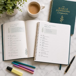 May include: A dark green spiral-bound Bible journaling companion book open to pages featuring Proverbs 3:5-6 and Psalm 27:14. The pages include prompts for reading, observing, reflecting, journaling, prayer, and application. A coffee mug and pens are nearby.