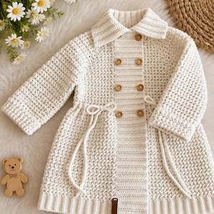 May include: A cream-colored, double-breasted crochet coat featuring a wide collar, long sleeves, and a front button closure with six small brown buttons. The garment includes a drawstring waist with two hanging ties and a small rectangular brown tag.