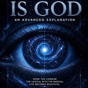 Può includere: Una copertina di libro intitolata WHAT IS GOD AN ADVANCED EXPLANATION di ENG CAIN ZENITH. Il grafico centrale è un grande occhio umano con una galassia blu a spirale come iride. Sotto l'occhio, il testo recita WHEN YOU COMBINE THE LOGICAL WITH THE MAGICAL, LIFE BECOMES BEAUTIFUL.
