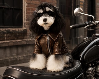 Brown Biker Dog Outfit, Vintage Zip Jacket for Photos, Parties and Halloween