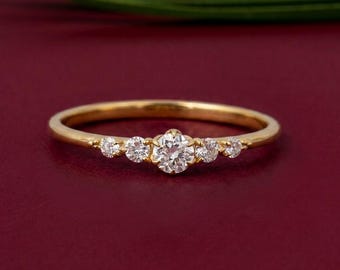 Delicate Gold Stacking Ring with 5 Stones | Round Diamond Simulant Anniversary Ring | Romantic Promise Ring | Gift for Bride