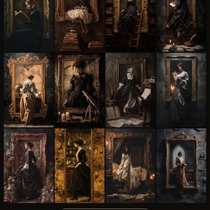 Dark Academia Portrait Prints, Set of 12 Victorian Woman Wall Art, Gothic Surreal Paintings, Digital Download, Gallery Wall Set