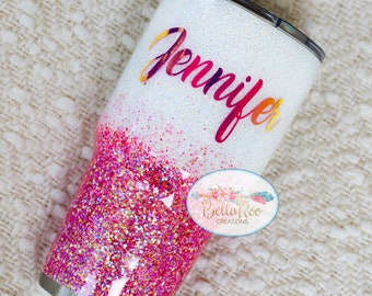 White and Chunky Hot Pink Glitter Ombre Tumbler