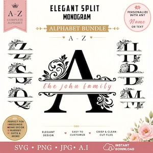 Könnte beinhalten: Ein digitales Set aus schwarzen, geteilten Monogrammbuchstaben mit floralen Verzierungen und dem Text ELEGANT SPLIT MONOGRAM ALPHABET BUNDLE. Das Design zeigt Beispiele der Buchstaben Z, S, Q, H, D, M und ein großes A mit dem Text the john family.