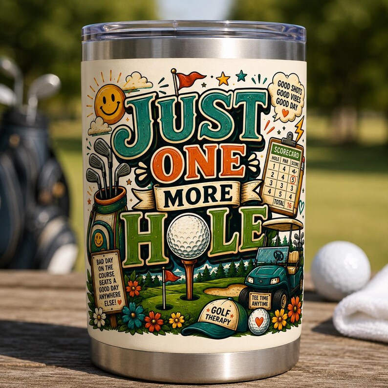 A stainless steel tumbler featuring a colorful graphic with the text "JUST ONE MORE HOLE". The design includes a golf bag, a scorecard, a golf cart, a golf ball on a tee, a cap labeled "GOLF THERAPY", and flowers. The text "BAD DAY ON THE COURSE BEATS A GOOD DAY ANYWHERE ELSE!" is also visible.