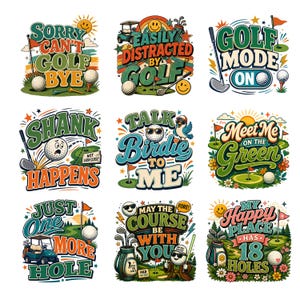 Close-up collage of retro golf themed PNG graphics for sublimation projects