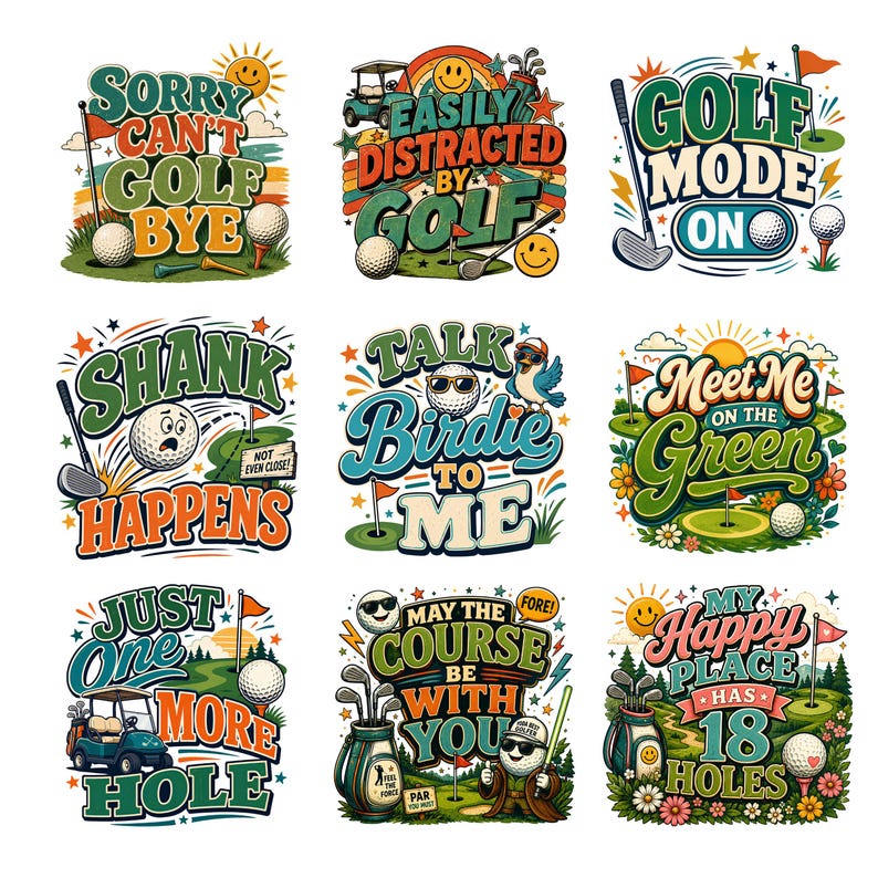 Close-up collage of retro golf themed PNG graphics for sublimation projects