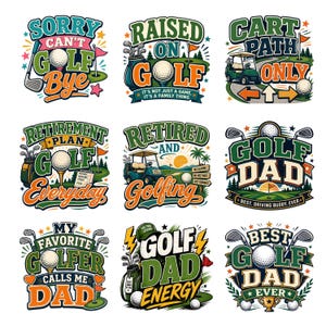 Funny golf mom and golf dad PNG designs with vintage retro style typography
