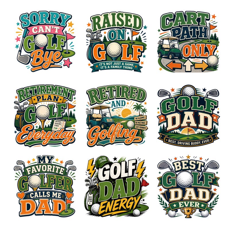 Funny golf mom and golf dad PNG designs with vintage retro style typography
