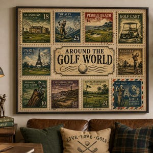 A rectangular wall art print titled Around the Golf World featuring a collage of nine vintage-style postage stamps. Each stamp depicts various golf scenes, locations, and equipment, with text including St. Andrews, The Alps, and Pebble Beach.