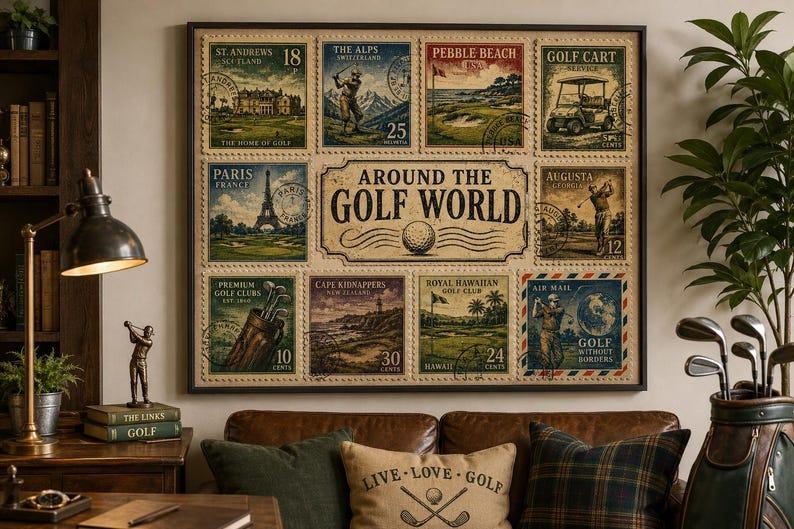 A rectangular wall art print titled Around the Golf World featuring a collage of nine vintage-style postage stamps. Each stamp depicts various golf scenes, locations, and equipment, with text including St. Andrews, The Alps, and Pebble Beach.