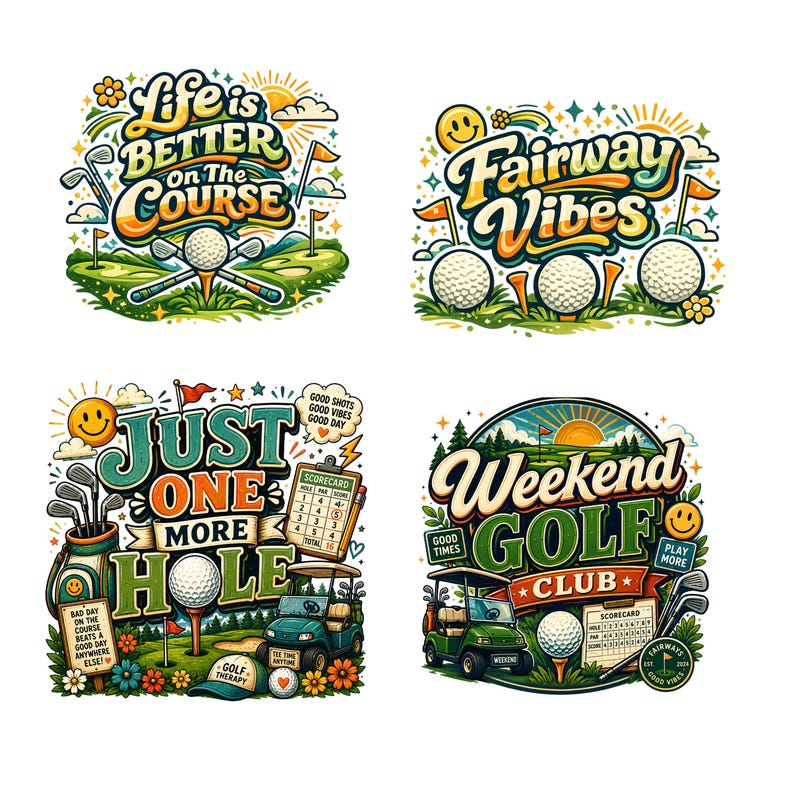 A set of four colorful golf-themed stickers featuring illustrations of golf balls, clubs, carts, scorecards, and text including Life is Better on the Course, Fairway Vibes, Just One More Hole, and Weekend Golf Club with smiley faces.