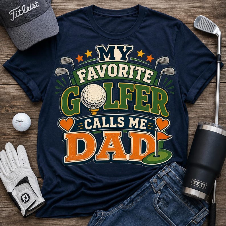 A navy blue t-shirt featuring a graphic with the text "MY FAVORITE GOLFER CALLS ME DAD". The design includes a golf ball on a tee, golf clubs, hearts, and a golf flag. The shirt is surrounded by a golf cap, a golf ball, a glove, and a club.