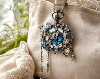 Handmade Butterfly Pocket Watch Necklace, Vintage Style Pocket Watch Necklace, Blue Flower Pendant Watch, Long Chain Jewelry, Gift for Women