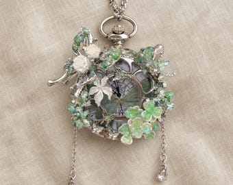 Floral Pocket Watch Necklace, Silver Tone Green Flower Fob Watch Pendant, Vintage Style Handmade Watch Chain for Neck or Waist, Gift for Her
