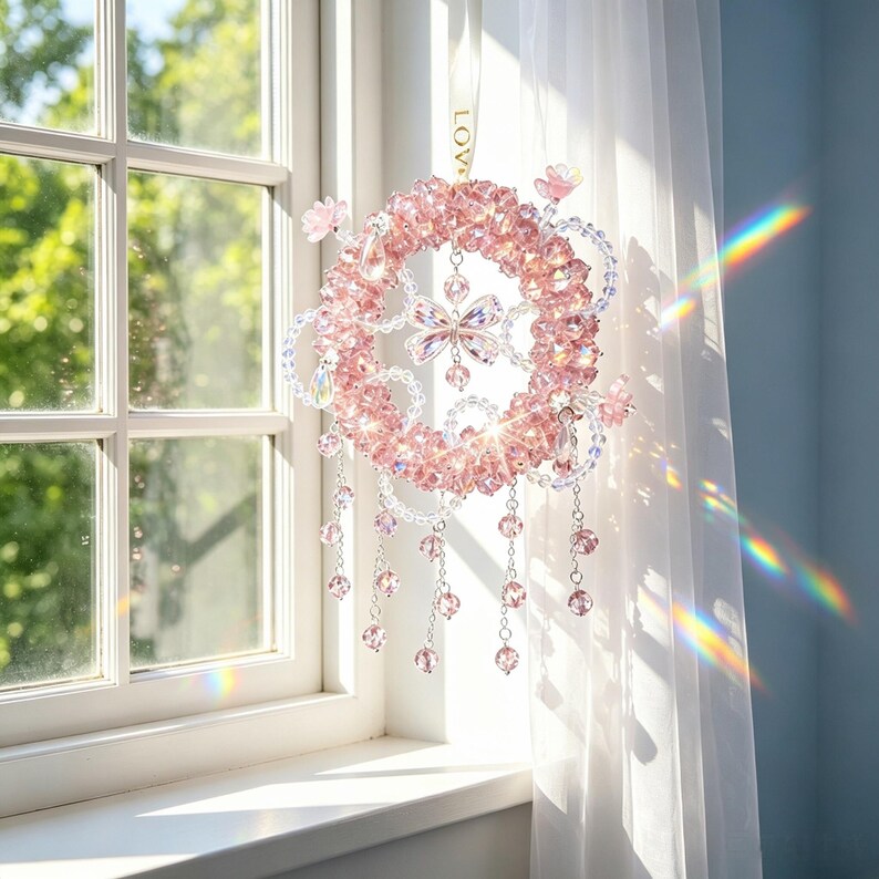 Pink Crystal Butterfly Car Charm, Handmade Sun Catcher, Rainbow Window ...