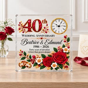 40th Anniversary Clock Acrylic Plaque, Personalized Husband and Wife Gift, Custom Ruby Wedding Keepsake for Parents, Red Rose Tabletop Decor