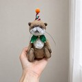 Handmade Brown Otter Teddy Bear Hand Sewn Five Movable Joints Artist Animal Doll With Removable Party Hat Green Collar Holiday Gift Home Art