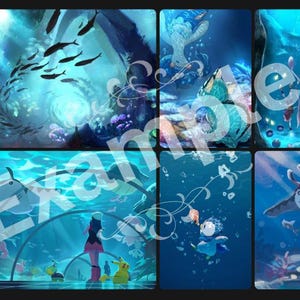Puede incluir: Una colección de impresiones de arte digital que representan escenas submarinas con vida marina y personajes. La obra de arte presenta una vibrante paleta de colores azules, con bancos de peces, corales y varias criaturas. El estilo artístico es ilustrativo y caprichoso.