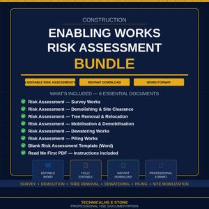 Pode incluir: Um pacote de documentos digitais azul-escuro intitulado Construction Enabling Works Risk Assessment Bundle. Lista oito documentos essenciais, incluindo avaliações de risco para trabalhos de topografia, demolição, remoção de árvores, mobilização e fundações.