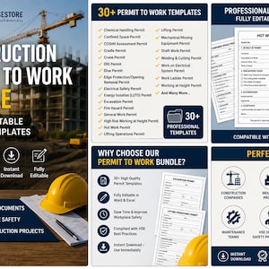 May include: A construction permit to work bundle featuring 30+ editable templates for Microsoft Word and Excel. The digital document set includes various safety forms like hot work, excavation, and lifting permits, displayed with a yellow hard hat.