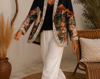 Czarna kurtka boho kimono z wzorem krajobrazowym i efektem zamszu, rozmiar 40/46, kurtka boho, marynarka damska