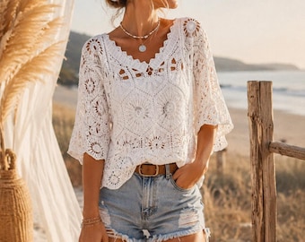 Pull crochet bohème blanc – blouse dentelle crochet plage chic femme
