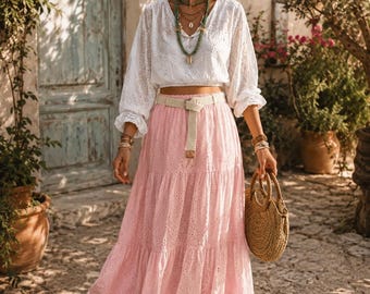Long, flowing powder pink boho skirt with eyelet embroidery, boho chic style
