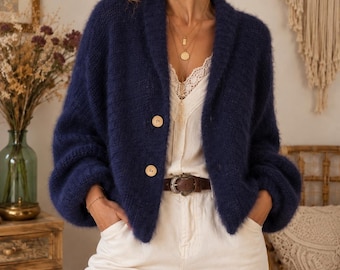 Gilet Bleu Marine Femme 40/44 Oversize – Cardigan Bohème – Navy Cardigan – Damen Strickjacke