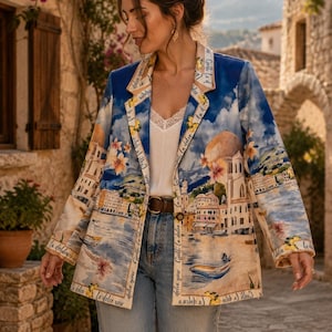 Könnte beinhalten: Ein langärmeliger Blazer mit einer lebendigen mediterranen Küstenszene mit Gebäuden, Booten und Blumen. Die Revers sind mit einem cremefarbenen Rand versehen, der mit dem sich wiederholenden Text "la dolce you" bedruckt ist. Der Blazer hat einen Knopfverschluss.