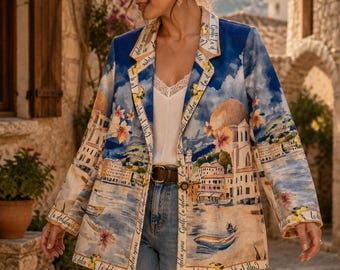 Veste Bohème blazer Femme 42/46 Effet Suédine Imprimé Côte Italienne La Dolce Vita Chic Oversize