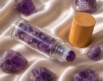 Frasco de esencia de amatista: Frasco de aceite perfumado con aplicador roll-on natural de 8,5 cm, piedra púrpura, regalo para mujer.