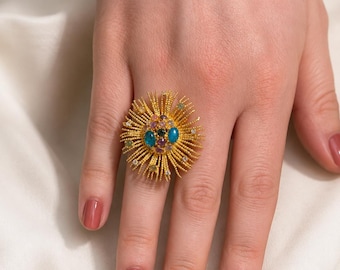 Gouden Sunburst-ring met veelkleurige edelstenen, verstelbare boho-cocktailsieraden