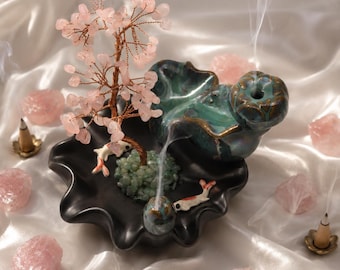Natural Rose Quartz Gemstone Incense Holder: Handcrafted Tree Sculpture,Genuine Natural Stone, Gift For Her,Gif For Him