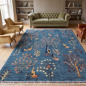 Hand Knotted Blue Tree of Life Wool Rug Traditional Bird Garden Area Carpet Decor