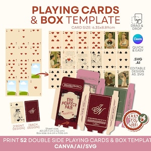 Peut inclure: Un modèle de cartes à jouer et de boîte, avec des cartes de 6,35x8,89cm. Le design comprend un jeu de cartes avec des cœurs et des piques, et des illustrations personnalisées. La boîte est bordeaux avec le texte "THE PERFECT PAIR". Facile à utiliser.