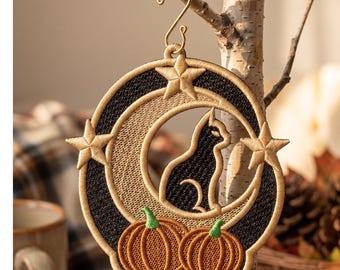 Halloween Cat Moon FSL Ornament Machine Embroidery Design (Digital Pattern File)