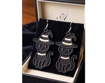 Halloween Black Cat FSL Earrings Machine Embroidery Design (Digital Pattern)