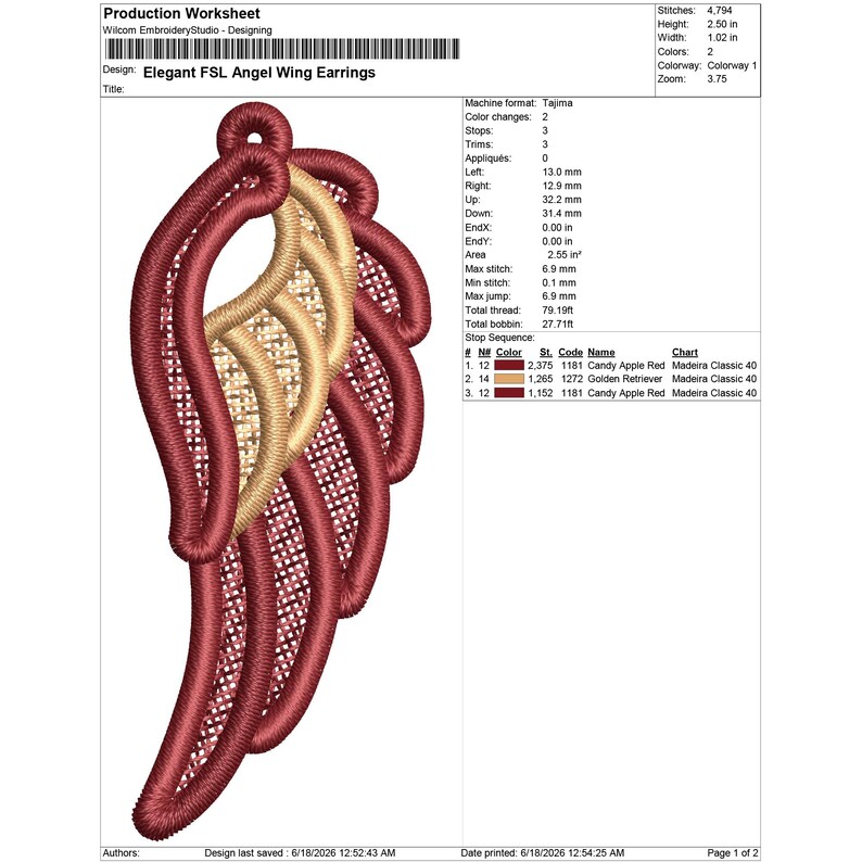 May include: A production worksheet for an embroidery design titled Elegant FSL Angel Wing Earrings. The design features a stylized wing in candy apple red and golden retriever thread colors, measuring 2.50 inches high and 1.02 inches wide.