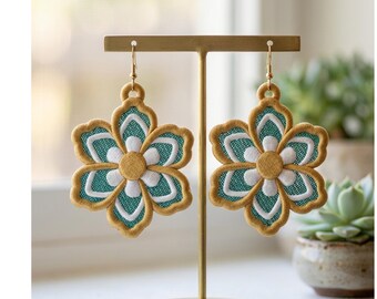 Teal Gold Floral Lace Earrings Machine Embroidery Design – Freestanding Flower Pattern (Digital Download)
