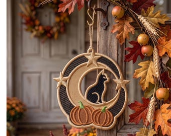 Halloween Cat Moon FSL Ornament Machine Embroidery Design (Digital Pattern File)