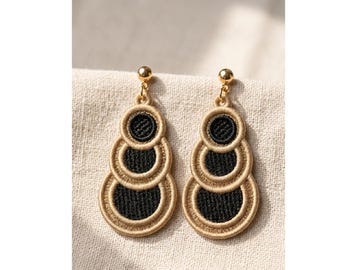 Modern Gold Black Triple Circle Earrings: Freestanding Lace Embroidery Design (Digital File)