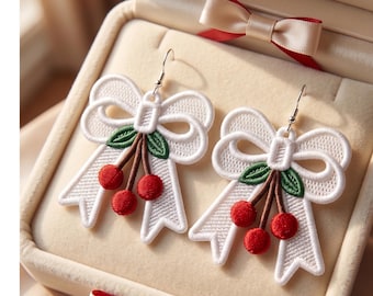 FSL Cherry Bow Earrings Machine Embroidery Design – Lace Charm (2.5 Inch)